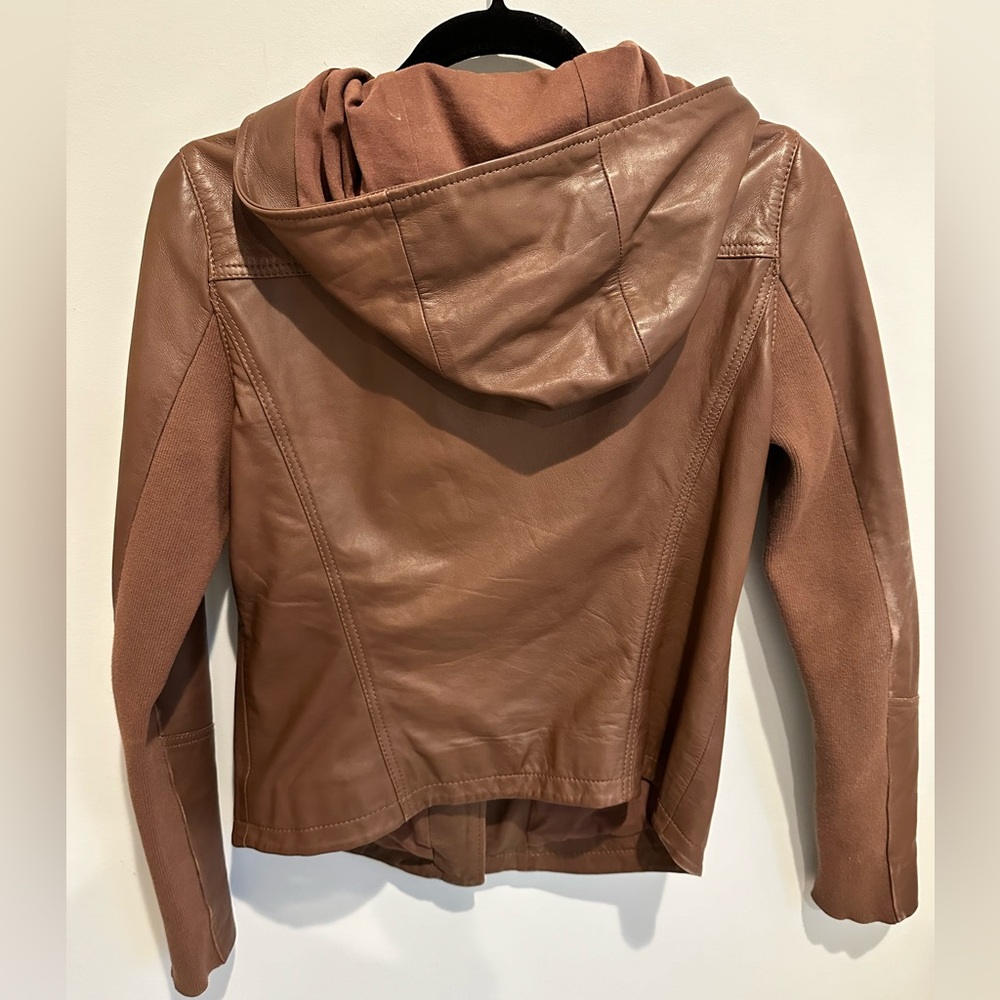 Hinge Hooded Brown Leather Jacket - size small - Picture 4 of 7